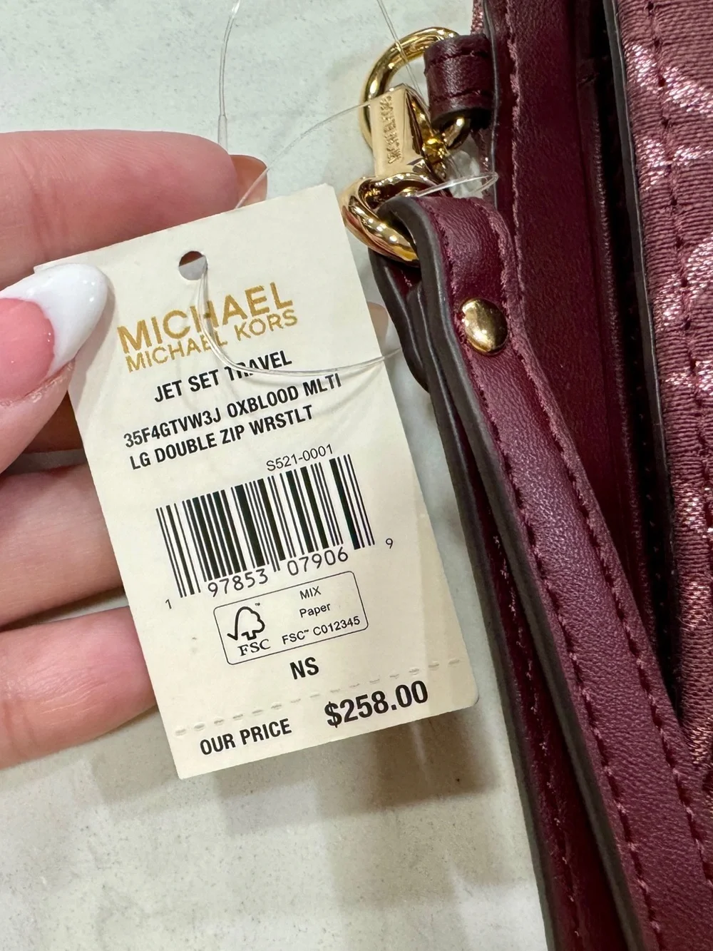 Michael Kors Jet Set Travel Large Double Zip Wristlet Oxblood Metallic Logo - Picture 5 of 5